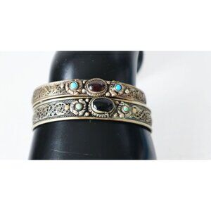 2 Vintage Tribal Silver Filigree Cuff Bracelets Black Onyx & Turquoise